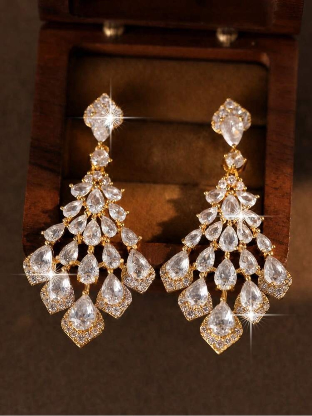 Gold-Tone Crystal Chandelier Earrings - Elegant Cubic Zirconia Women Jewelry